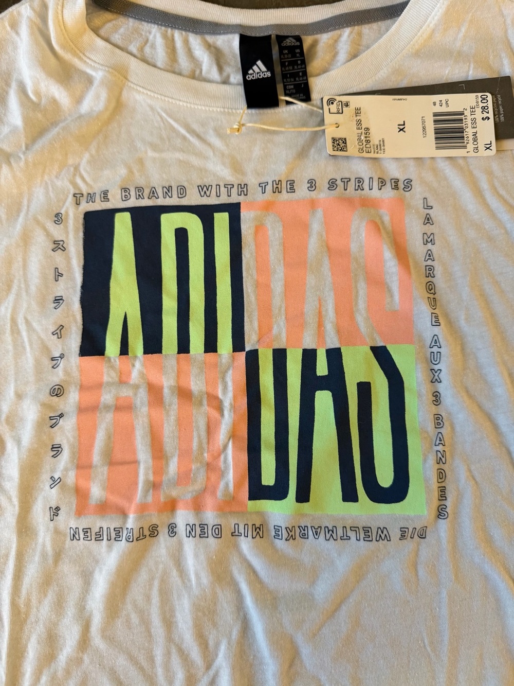 NWT adidas White Short Sleeve Tee with Neon Green, Coral and Black Graphic